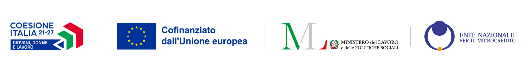 Loghi istituzionali: Coesione Italia 21-27 Giovani, donne e lavoro; emblema dell'Unione europea con dichiarazione Cofinanziato dall'Unione europea; Ministero del Lavoro e delle Politiche Sociali; Ente Nazionale per il Microcredito